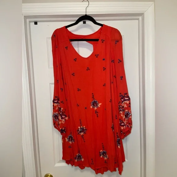 Free people orange long sleeve embroidered dress - Picture 2 of 4